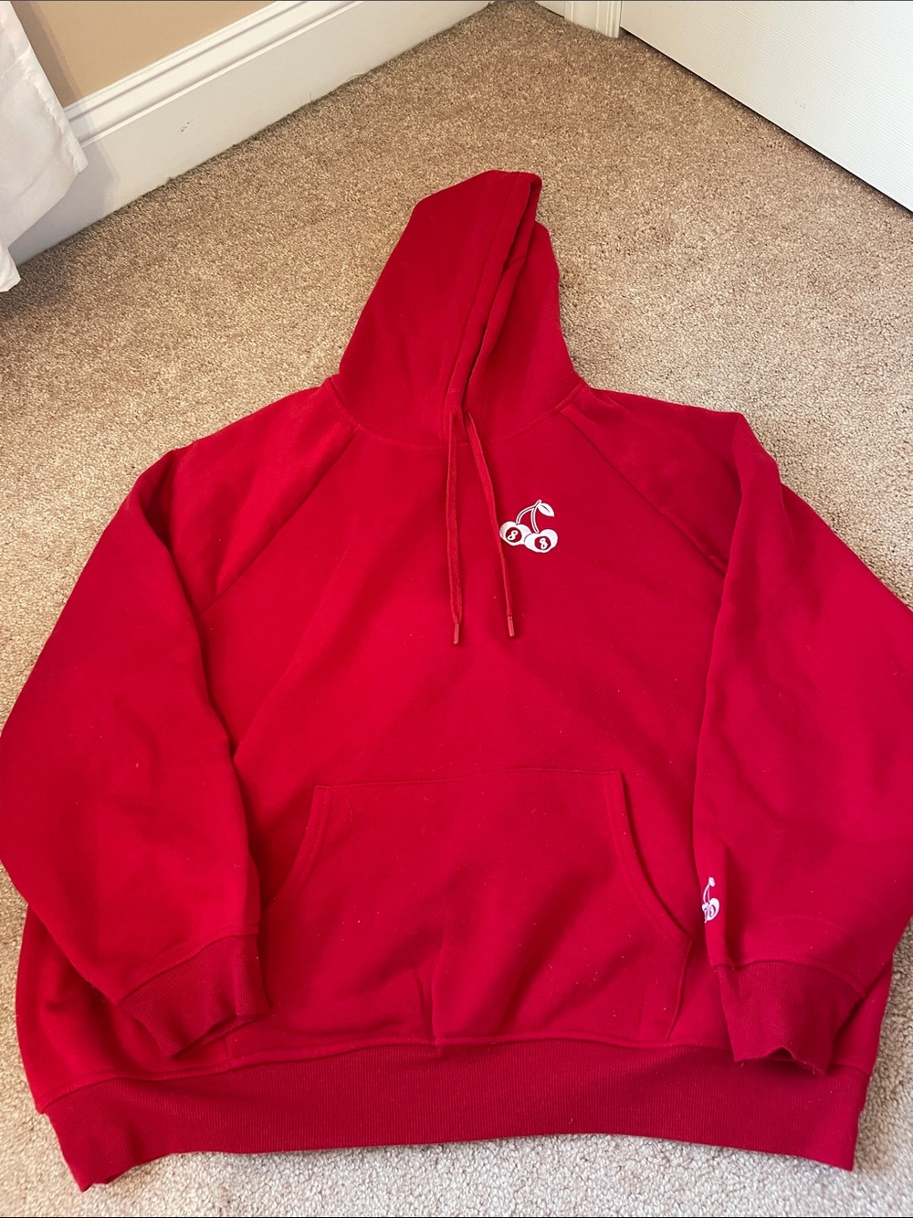 Classic Red Pullover Hoodie with Small Cherry Accent
